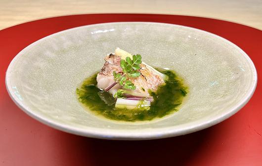 甘鯛と初白アスパラ 青海苔餡かけ　～ ３月の進肴 ～