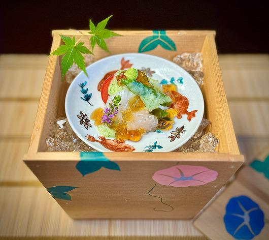 夏野菜と槍烏賊とぼたん海老 豆乳翠だれかけ　～ ７月の先附 ～
