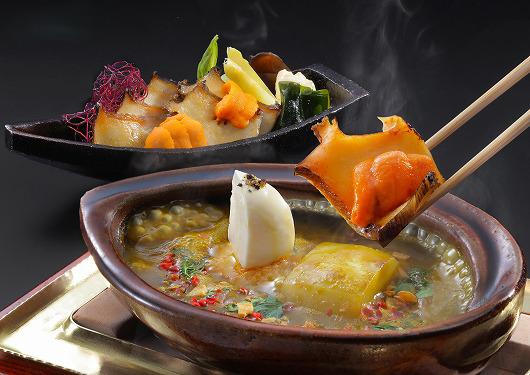 黒あわびの香味肝フォンデュ 生雲丹添え　～ ６月の吟味特撰 ～