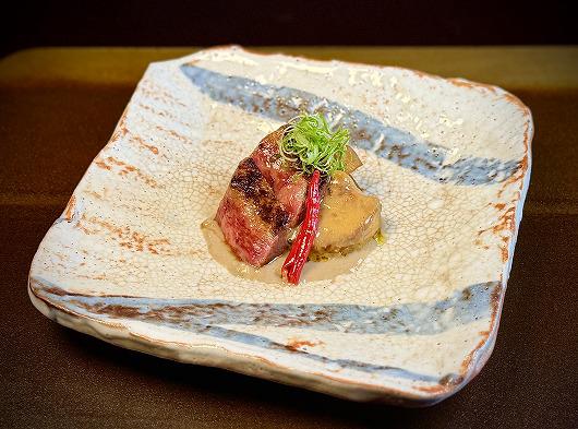 仙台牛炭火焼とフォアグラ西京焼 木の子のソース　～ ９月の進肴 ～