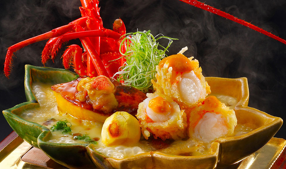 伊勢海老の蓑揚とフォアグラソテー 和栗スープ炊き