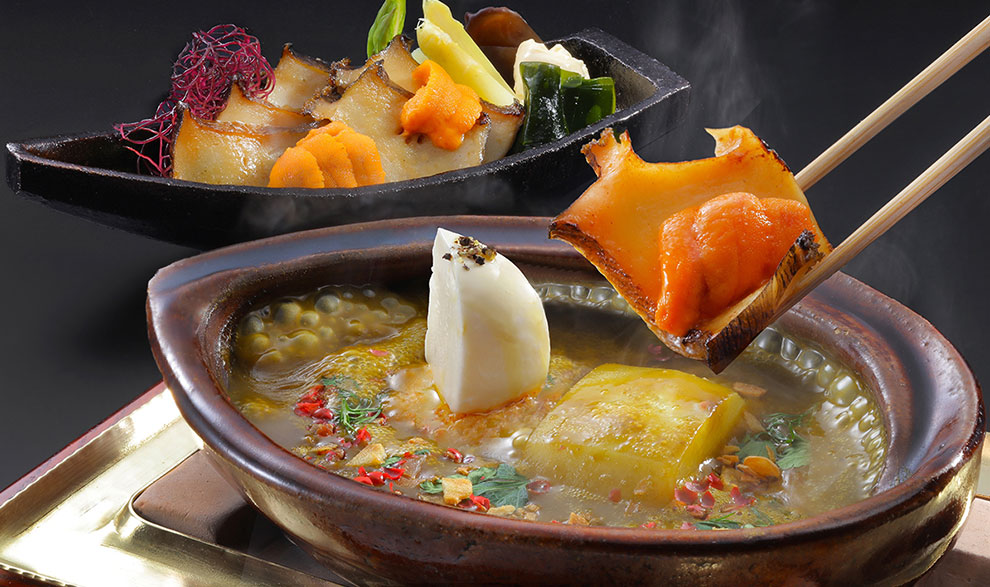 黒あわびの香味肝フォンデュ 生雲丹添え